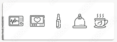 therapy outline icons set. thin line icons sheet included icu, heart rate monitor, ampoule, cupping, herbal tea vector.