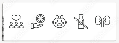 health outline icons set. thin line icons sheet included donors, medical service, crying, lactose intolerant, kidney vector.