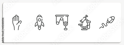 biology technology outline icons set. thin line icons sheet included raise hand, rocket launch, pulley, healthcare and medical, sperm vector.