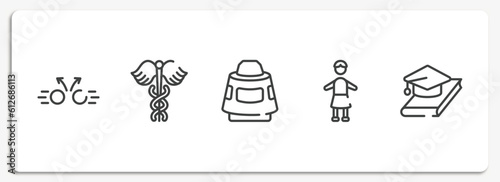 university outline icons set. thin line icons sheet included collision, caduceus, space capsule, headmistress, thesis vector.