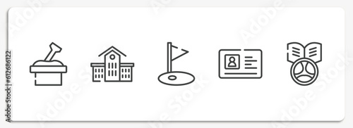 driving school outline icons set. thin line icons sheet included sandbox, kindergarten, golf field, driving license, driving school vector.