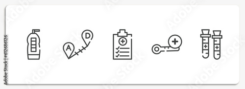 outline icons set. thin line icons sheet included cleaning liquid, long distance, medical report, high temperature, blood sample vector.