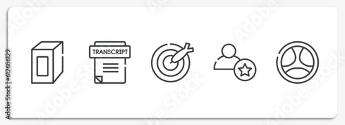 driving school outline icons set. thin line icons sheet included juice box, transcript, dart, novice, driving vector.