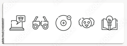biochemistry outline icons set. thin line icons sheet included elearning, testing glasses, electron, professor, theory vector.