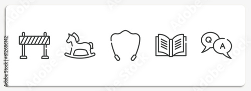 learning outline icons set. thin line icons sheet included traffic barrier, hobby horse, jump rope, yearbook, qa vector.