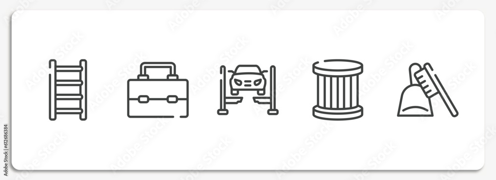 toolbox outline icons set. thin line icons sheet included ladder thin, lunchbox, car lift, oil filter, dustpan and brush vector. toolbox outline icons set. thin line icons sheet included ladder thin, lunchbox, car lift, oil filter, dustpan and brush vector.