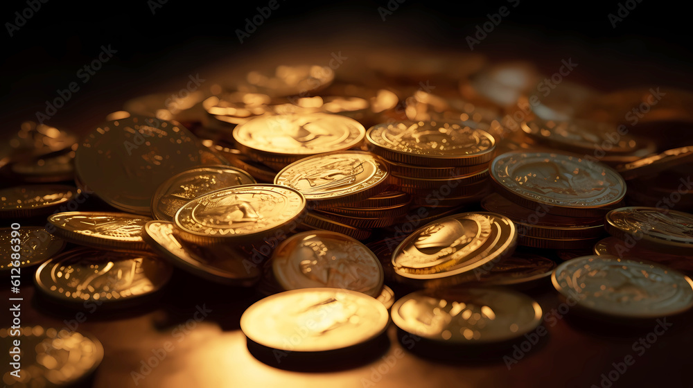 A pile of gold coins shimmers in the rays of light. A pile of gold coins shimmers in the rays of light.