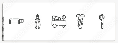 construction tools outline icons set. thin line icons sheet included hacksaw with handle, nippers, air compressor, bolts, wood cutter vector.
