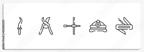 construction elements outline icons set. thin line icons sheet included kirpan, pruning shears, wheelbrace, torch helmet, jackknife vector.