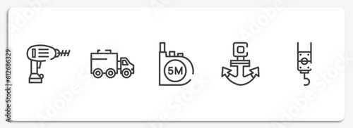 constructicons outline icons set. thin line icons sheet included drill, truck with freight, five meters ruler, anchor navigational tool, pulley hook vector.