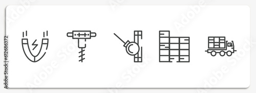 constructicons outline icons set. thin line icons sheet included inclined magnet, pickaxes drilling, demolishing ball, constructing a brick wall, truck with load vector.