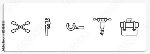 toolbox outline icons set. thin line icons sheet included lug wrench, stillson wrench, micrometer, hydraulic breaker, businessman portfolio vector.