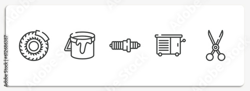 tool box outline icons set. thin line icons sheet included brake disc, open paint bucket, spark plug, vise, shears vector.