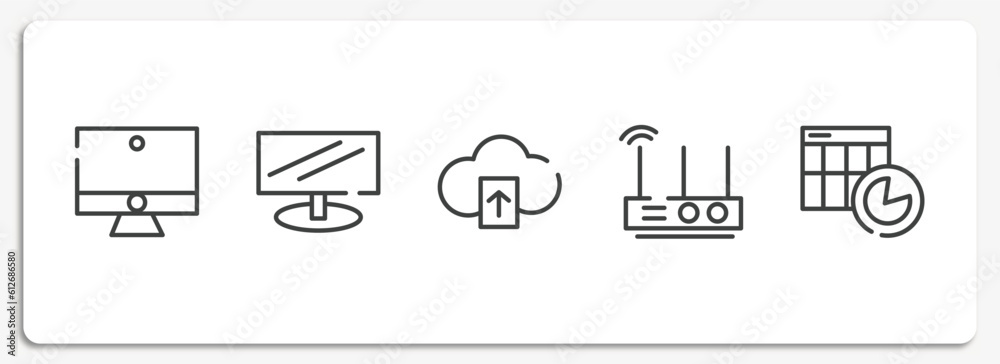 computer and media outline icons set. thin line icons sheet included computer with monitor, widescreen monitor, cloud upload, wireless lan router device, spreadsheet chart vector. computer and media outline icons set. thin line icons sheet included computer with monitor, widescreen monitor, cloud upload, wireless lan router device, spreadsheet chart vector.