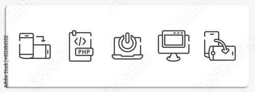 responsive web outline icons set. thin line icons sheet included rotate smartphone, php document, on button, pc with browser, rotate screen vector.