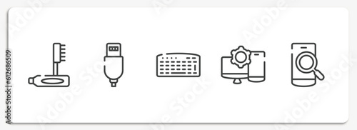 responsive web outline icons set. thin line icons sheet included teeth cleaning, new charger, keyboad, display tablet smartphone cogwheel, phone search vector.