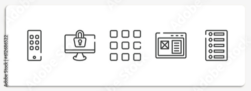 responsive web outline icons set. thin line icons sheet included siri remote, monitor locked, nine squares, adaptive layout, list of options vector.