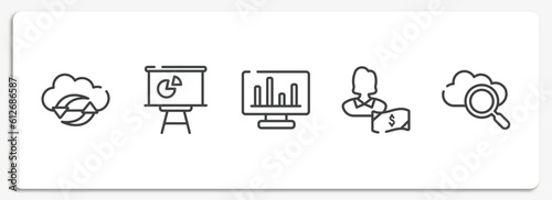 cloud computing outline icons set. thin line icons sheet included clouds data synchronization, statistics presentation, laptop with statistical chart, , internet search vector.