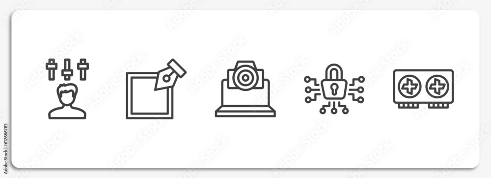 hardware outline icons set. thin line icons sheet included producer, edit tool, cam, cyber security, graphics card vector. hardware outline icons set. thin line icons sheet included producer, edit tool, cam, cyber security, graphics card vector.