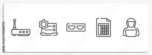hacker outline icons set. thin line icons sheet included wireless router, preferences, hdmi port, spreadsheet, hack vector.