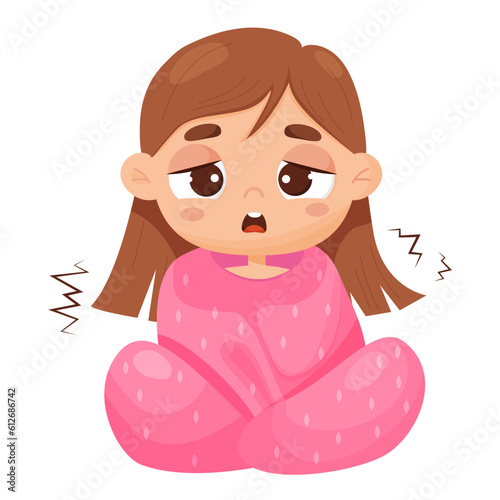 Suffering sick girl wrapped in blanket. Vector illustration in cartoon style. Sad child girl character