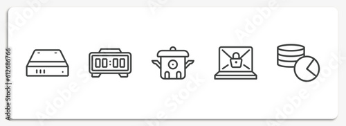 data organization outline icons set. thin line icons sheet included hard drive, digital clock, cooker, ransomware, database usage vector.