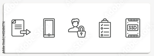 hardware outline icons set. thin line icons sheet included export file, mobile phones, authentication, data list, ssd vector.