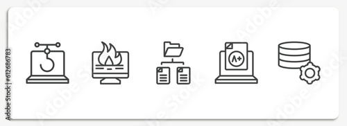 data organization outline icons set. thin line icons sheet included phishing, data loss, folder network, grades, database management vector.