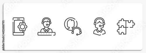 support outline icons set. thin line icons sheet included smarphone tings, technical support with star, null, operator avatar, solving problems vector.