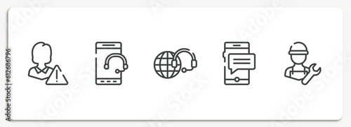 support outline icons set. thin line icons sheet included customer problem, tablet telephone, technical support, sms message, repair expert vector.
