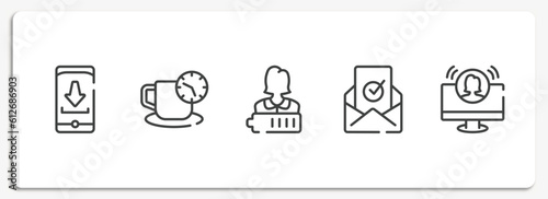 social network outline icons set. thin line icons sheet included install, coffee break, charged, verified, teleconference vector.