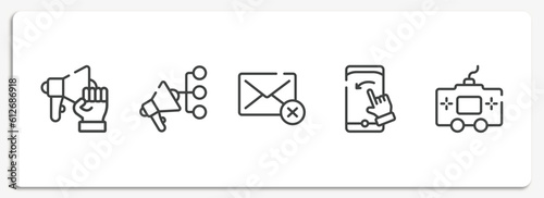 electronic device outline icons set. thin line icons sheet included strenght, promote, deleted, swipe left, console vector.