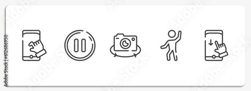 mobile functions outline icons set. thin line icons sheet included pinch, pause button, rotate camera, enjoy, swipe down vector.