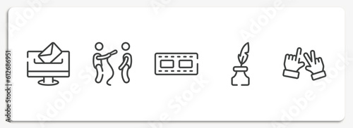 communication outline icons set. thin line icons sheet included elections, interviewer, reel, inkwell, vector.