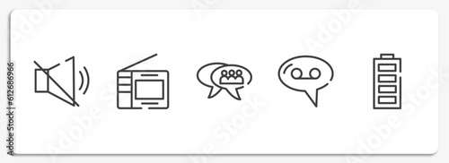 notification outline icons set. thin line icons sheet included muted, portable television, group chat, voice message, full battery vector.