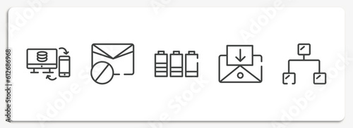internet of things outline icons set. thin line icons sheet included data sharing, spam, battery level, incoming mail, ethernet vector.
