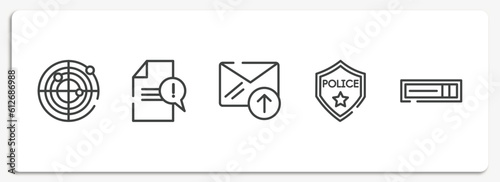 television outline icons set. thin line icons sheet included radar, complaint, outgoing, police badge, hdmi vector.