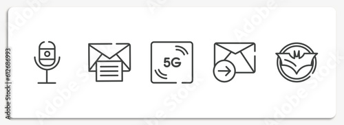 notification outline icons set. thin line icons sheet included recorder, open mail, 5g, send mail, vector.