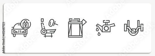 car parts outline icons set. thin line icons sheet included car lock, car air bag, petrol tank, oil pump, anti-roll bar vector.