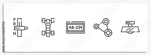 car parts outline icons set. thin line icons sheet included car transmission, car chassis, numberplate, fan belt, rear-view mirror vector.