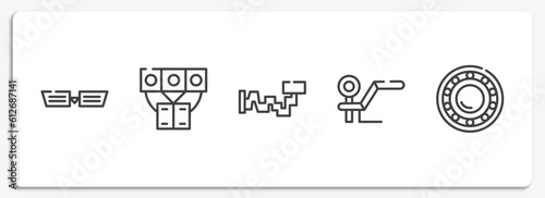 car parts outline icons set. thin line icons sheet included car grille or radiator grille, car manifold, crankshaft, towbar, bearing vector.