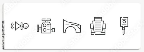 car parts outline icons set. thin line icons sheet included car horn, car carburettor, fender (us, canadian), bucket seat, ignition vector.