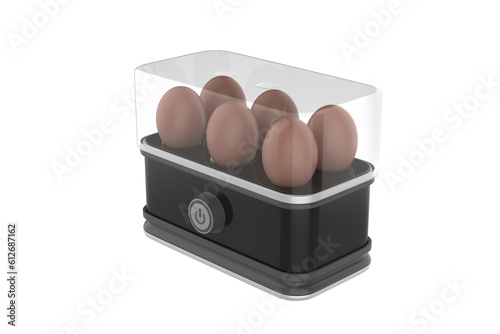 The egg cooker is closed with a lid, chicken eggs are visible in it. 3d illustration