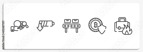 jobless outline icons set. thin line icons sheet included corruption, low energy, manufacture, cryptocurrency, burning vector.