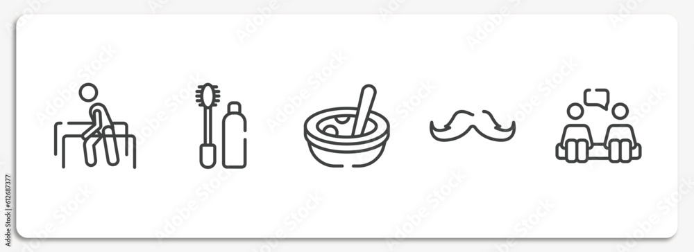 therapy outline icons set. thin line icons sheet included physiotherapy, null, soup, big mustache, consultation vector.