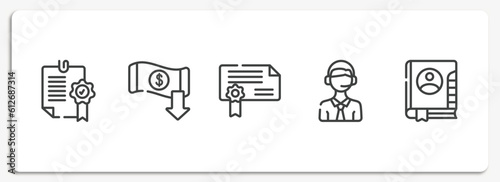 business management outline icons set. thin line icons sheet included confirmation, reduction, authorization, online support, address book vector.