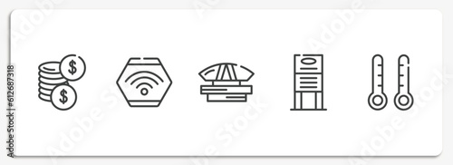 home automation outline icons set. thin line icons sheet included dollar coins, wifi connection, dprmpr building, daily specials board, thermometers vector.