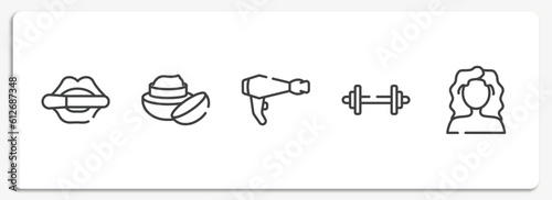 hairdressing and barber outline icons set. thin line icons sheet included women lipstick, face cream, electric hairdryer, weightlift, curly hair vector.