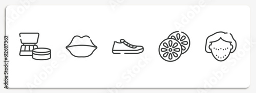 beautiful outline icons set. thin line icons sheet included cosmetics products, big lips, pair of sneakers, citrus, botox vector.