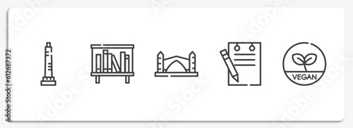 restaurant elements outline icons set. thin line icons sheet included walled obelisk, bookshelves, stari most, padnote, vegetarian vector.
